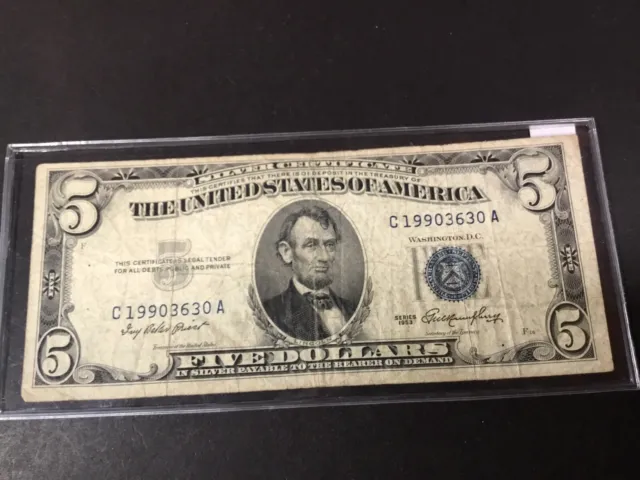 1953-$5 Misaligned Silver Certificate Blue Seal-Dollar-3630-A