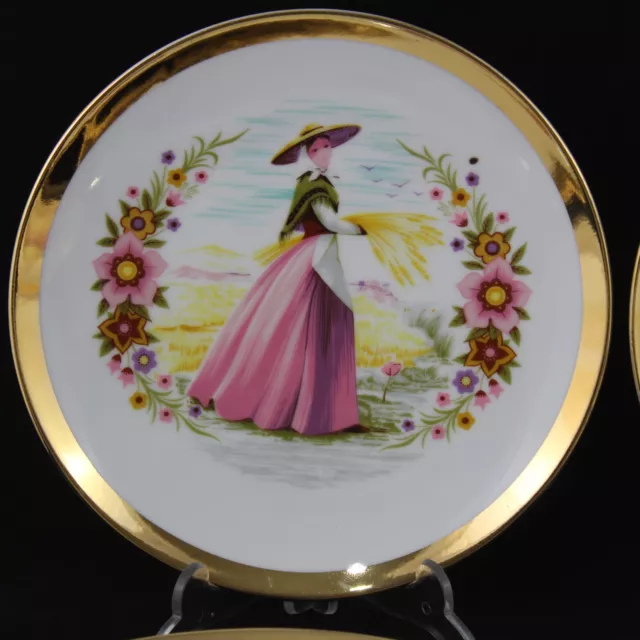 6 Platos de Porcelana SANBO Valencia  SEGADORA y Rivetes en Oro 24K,  Años 80.