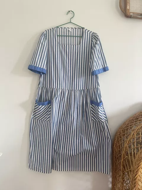 Vintage 1980s Striped Blue, White, Black Day Dress Square Neckline UK14 As Is