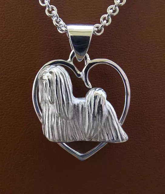 Large Sterling Silver Lhasa Apso Standing Study On A Heart Pendant