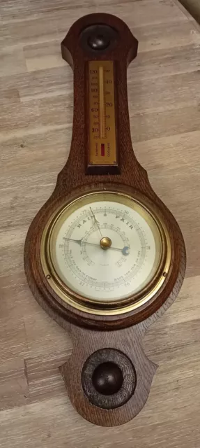 Antique Oak Barometer & Thermometer on Solid Oak Banjo Shape