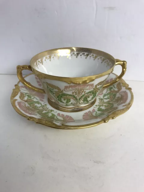 J Pouyat Limoges France Bouillon Broth Soup Double Handled Cup & Saucer Vintage