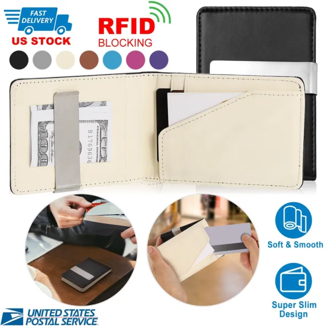 Mens Genuine Leather Money Clip RFID Blocking Slim Wallets ID Credit Card Holder