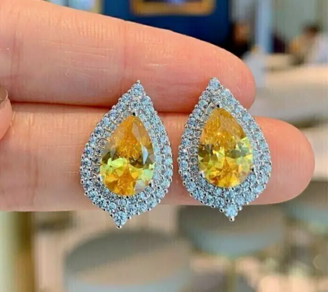 Labo Synthétique Citrine Jaune 3Ct Poire Coupe Halo Clou Boucles 14K or Blanc