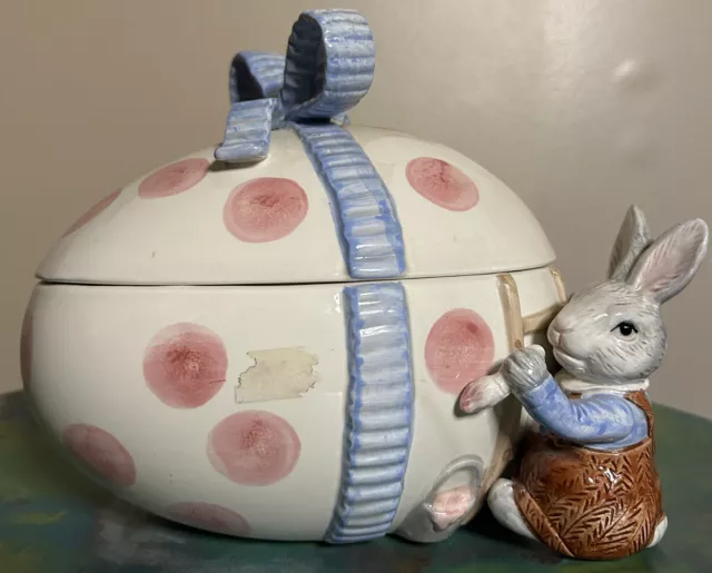 👀 Fitz & Floyd Rabbit Bunny Easter Egg Trinket Box/ Bowl W Lid Rare Find 1990