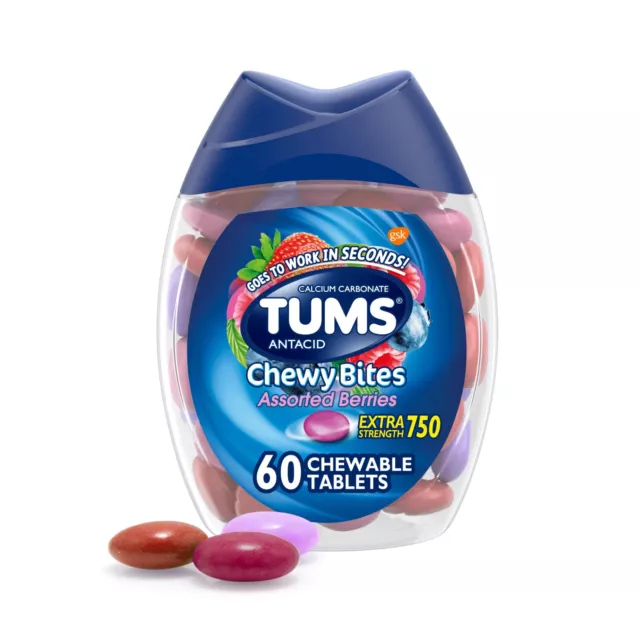 Tums Antacid Chewy Bites Assorted Berries Extra Strength, (60 Chewable Tablets)