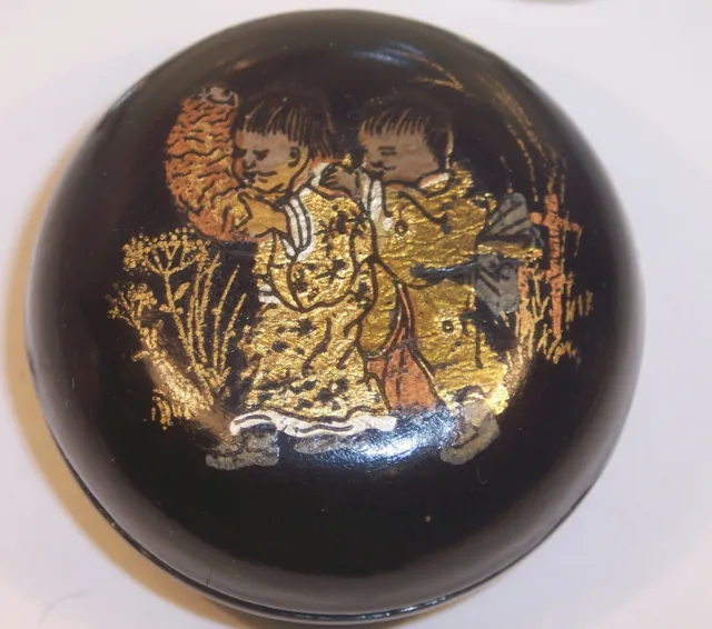 Antique Lacquer 2" Round Kogo Trinket Box  Oriental Asian Gold Hand Painted Xc