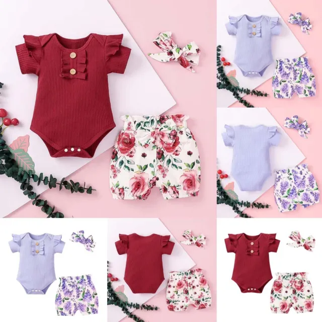 Set abiti neonate per bambine rompenti top floreali pantaloni corti fascia