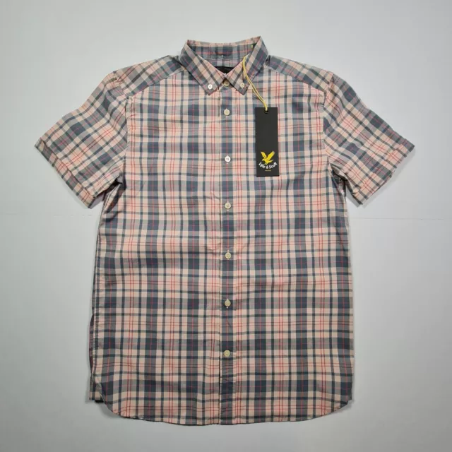 Lyle Scott Mens Shirt Grey Pink Small Short Sleeves Check Pattern Button Up