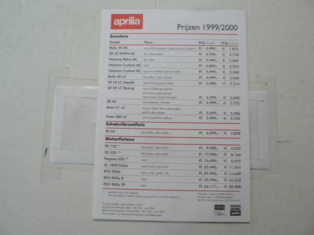 D855 Brochure Aprilia Pricelist Prijslijst  1999/2000 Dutch 1 Pages
