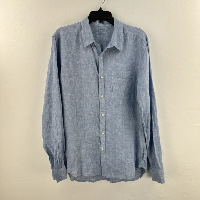 Lucky Brand Button Up Shirt Chambray Linen M Blue California Fit Long Sleeve