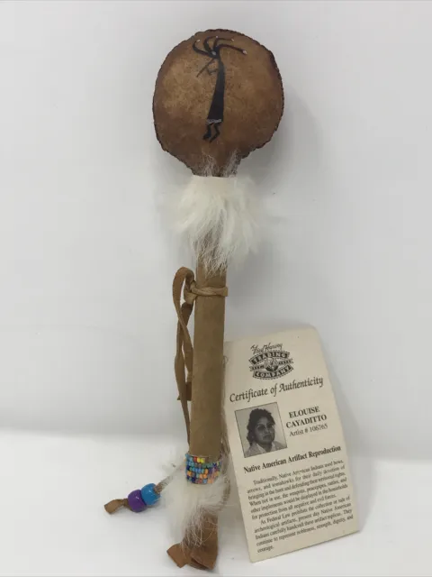 Handmade Native American Indian Ceremonial Rattle with LeatherFur Beads Feathers