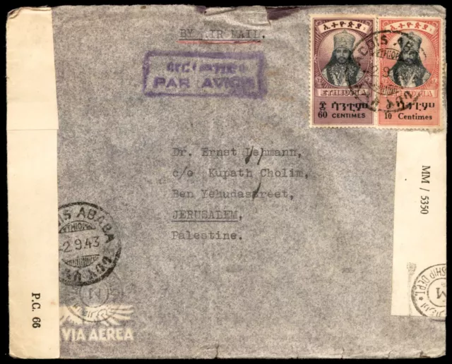 Antigua cubierta de correo aéreo de Etiopía enviada a Jerusalén Palestina 1943 Segunda Guerra Mundial etiqueta de censor