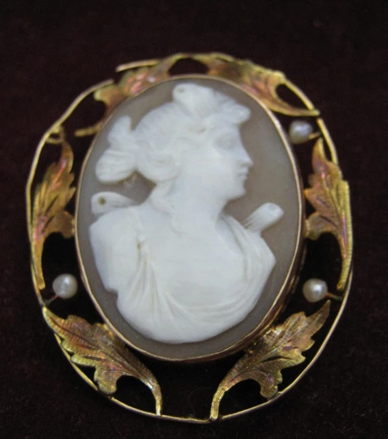 10K Yellow & Rose Gold Leaf Bezel w/ Natural Pearls GRECO ROMAN TOGA LADY CAMEO 10K Yellow & Rose Gold Leaf Bezel w/ Natural Pearls GRECO ROMAN TOGA LADY CAMEO