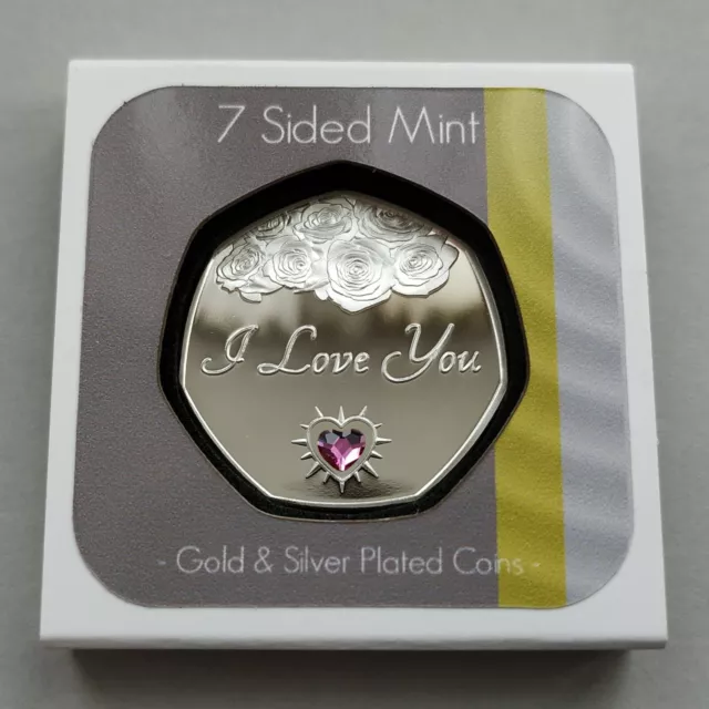 "I Love You" Silver Plated Commemorative Coin + Crystal - Gift / Valentines Rose