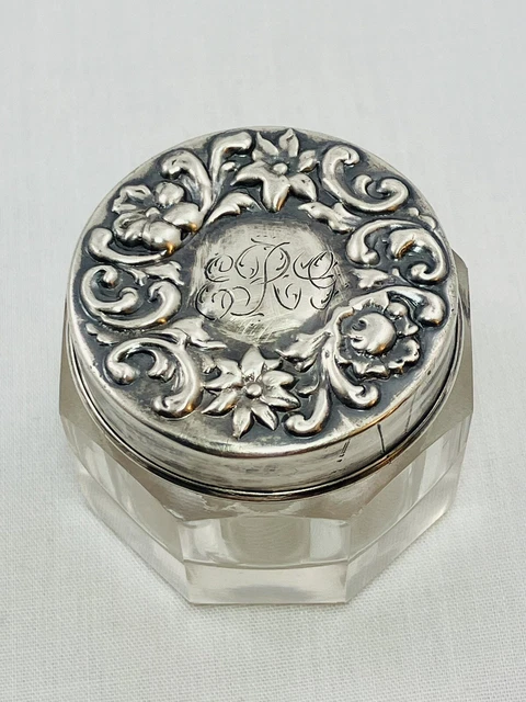 Antique Victorian Floral Sterling Silver Lid & Paneled Glass Small Vanity Jar