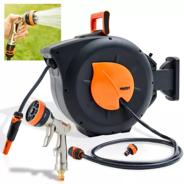 SCHLAUCHTROMMEL WASSER SCHLAUCH mit Brause Aufroller Alu Garten Wand
