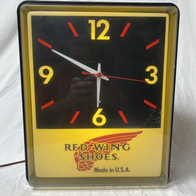 17” VTG Red Wing Shoes Advertising Lighted Wall Hanging Clock USA   ~NEEDS WORK~