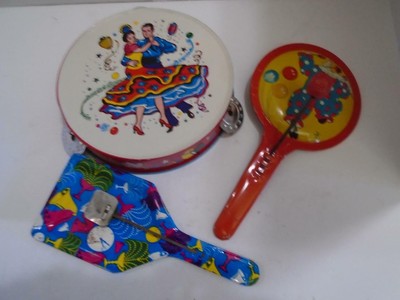 Vintage US Metal TC USA Tin Litho Noise Maker Clacker Tambourine Toy Lot of 3