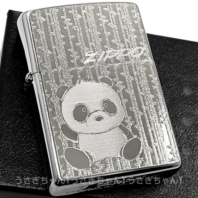 Zippo Oil Lighter Panda Silver Brass Etching Metal Plate Regular Case Japan