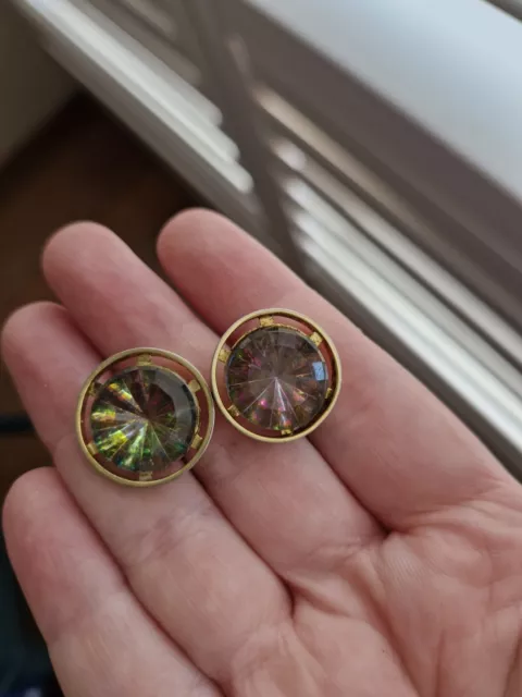 Vintage Cufflinks, Rainbow Rivoli Stones, Gold Tone