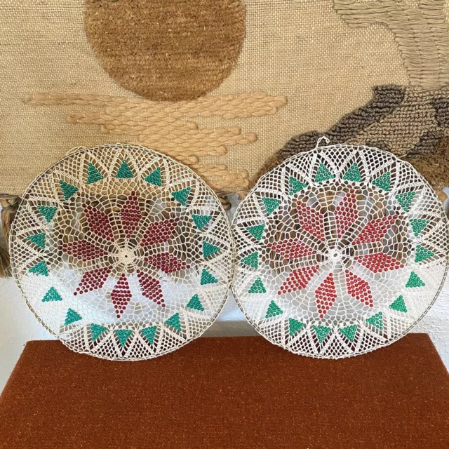 Vtg Pair Handmade Crochet Macrame Beaded Christmas Wall Art Wreath Poinsettia