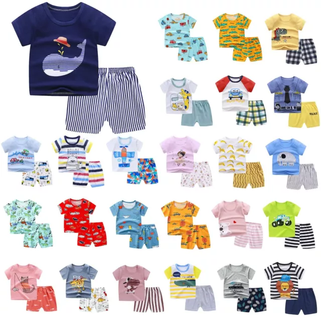 Toddler Infant Baby Boys Girls Short Sleeve Cartoon Tops Shirt+Pants Outfits Set