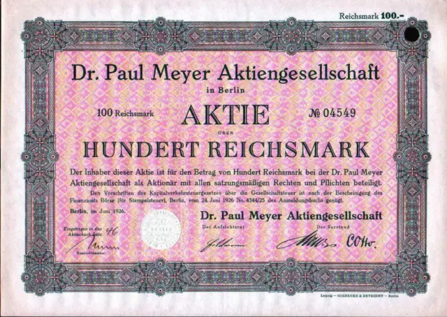 50 X Dr. Paul Meyer Aktiengesellschaft 1926 100 RM