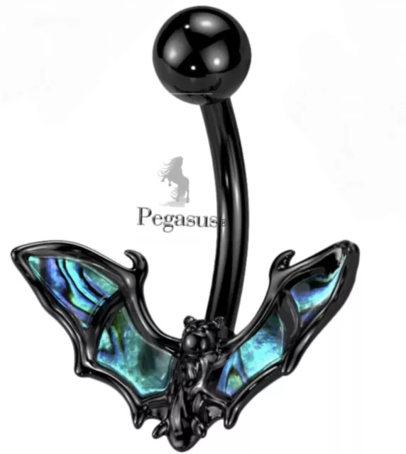 Black Titanium & Abalone Shell Vampire Bat Belly Navel Bar Barbell