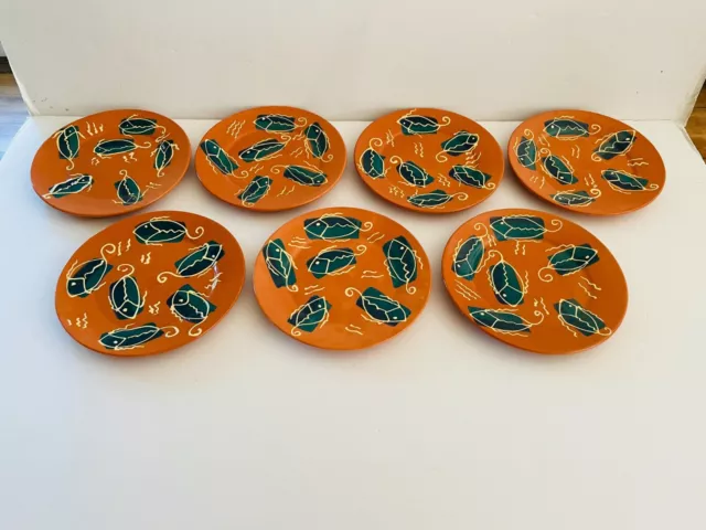 DANSK Vintage Terracotta Fish Salad Plates Rare Hand Painted Portugal- Set of 7