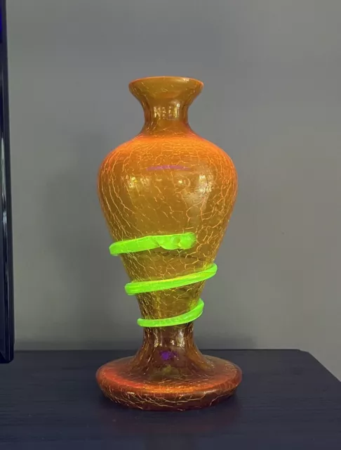 Rare Czech Kralik Crackle Glass Golden Yellow Vase with Applied Vaseline Snake