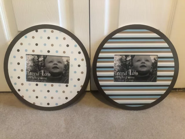 Trend Lab 2 Piece Photo Picture Circle Frames White Blue Brown Stripe Dot EUC