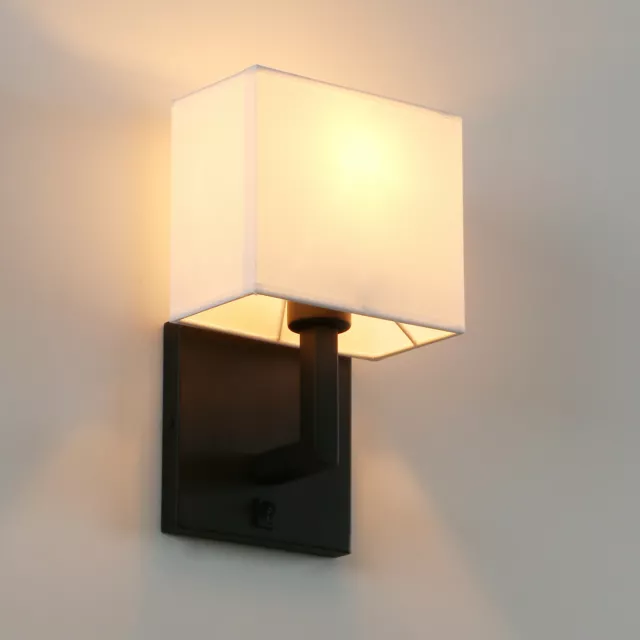 Modern Industrial Black Wall Light Sconce White Textile Shade Bedside Lamp