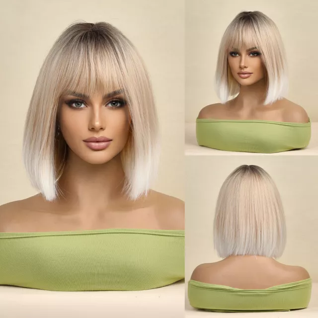 US Ombre Platinum Blonde Bob Wigs Short Straight Wigs with bangs Synthetic Wigs