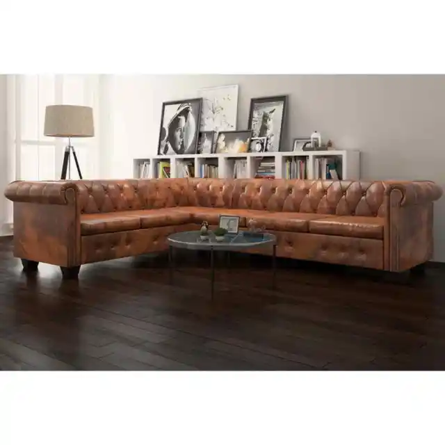 Chesterfield 6-Seater Corner Sofa Modular Lounge Couch Chaise Faux Leather Brown