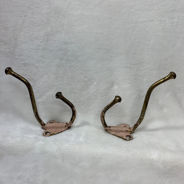 Lot of 2 Brass Double Wall Mount Bathroom Coat Hat Towel Hook Reclaimed Salvage