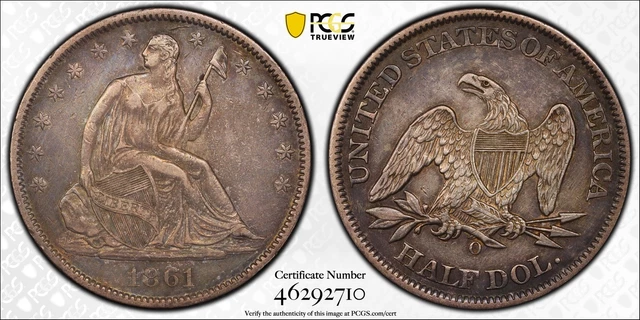 1861 O 50C Silver Seated Liberty Half Dollar PCGS Cleaned XF Detail CSA Issue