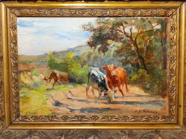 henry-eugene-delacroix-trois-vaches-sur-un-chemin-huile-sur-toile