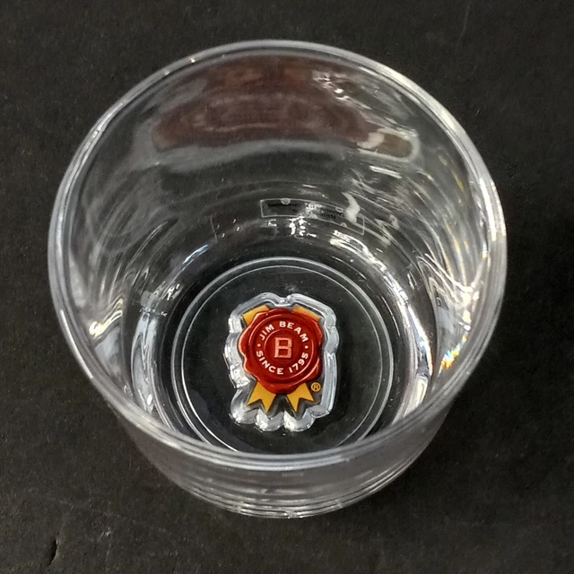 Jim Beam Whiskey Rocks Glass Red Ribbon Label Embossed Label on Bottom 3.5 in