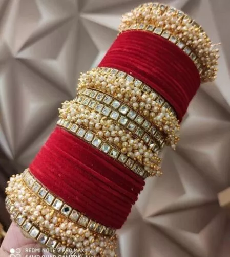 36 Teile Rote Farbe Kundan Perlen Glas Samt Armreif Set Mädchen / Damen Schmuck
