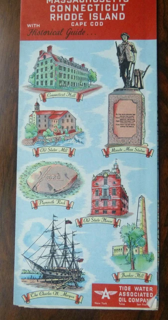 1952 Massachusetts Connecticut RI road map Tydol Flying A oil gas pictorial