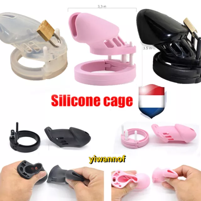 Homme Silicone Cage De Chasteté Esclave Soumission 5 Anneaux Prison Pour Pénis 3