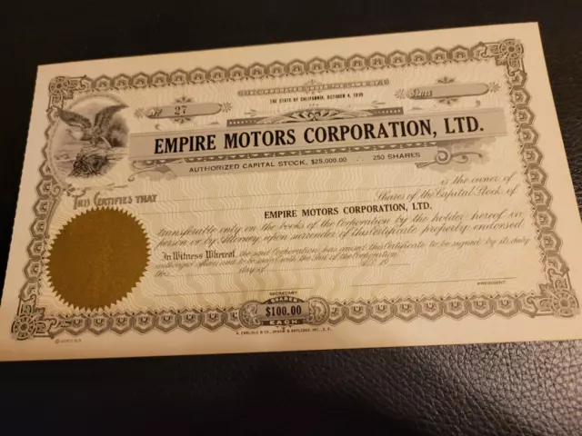 Empire Motors Corporation, LTD Unissued Stock Certificate from 1930's #27