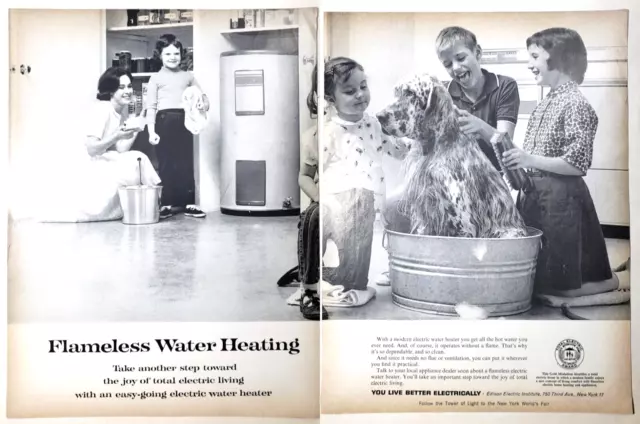 Vtg Print Ad 1964 Flameless Water Heating English Setter Kids Dog Bath 2 pg