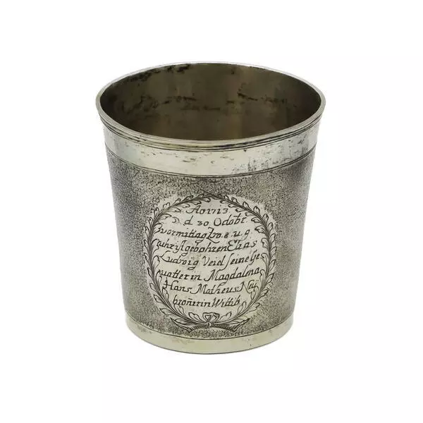 Silberbecher Schlangenhautbecher Taufbecher Ulm 1713 Baptism cup silver antik