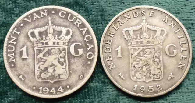 2 Netherlands 72% Silver 1-Gulden Coins, 1944 D Curacao & 1952 Antilles Coins