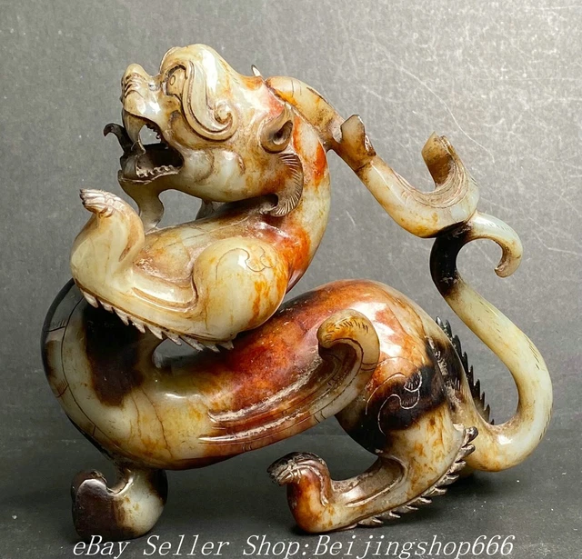 5.2" Chinese Natural Hetian Jade Nephrite Carved Fengshui Dragon Beast Statue