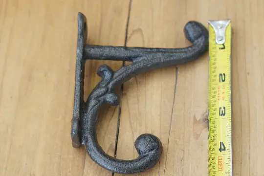 4 Brown Rustic Coat Hooks Antique Style Cast Iron 4.5" Wall Double Restoration ! 3
