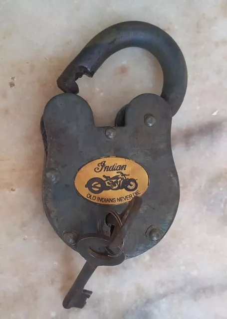 OLD INDIAN NEVER DIE Cast Iron Lock & Key Antique Brown  Finish 5"