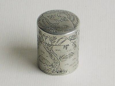 Antique Chinese silver-plated round opium box with garden scene – (2348)
